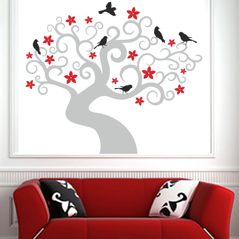 Beautiful Swirly Tree with Cute Birds - Wall Decals Stickers - Wall-Decals - Decall.ca