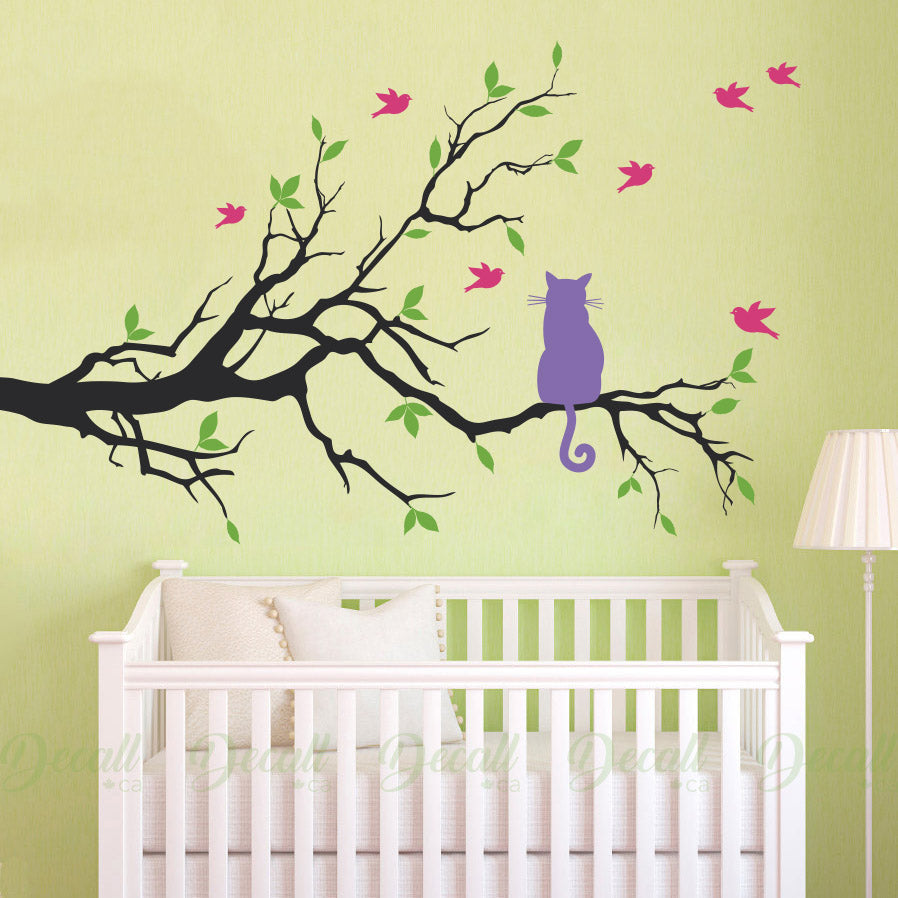 Cat On Branch With Birds - Nursery Wall Decor - Wall Decal - Wall-Decals - Decall.ca