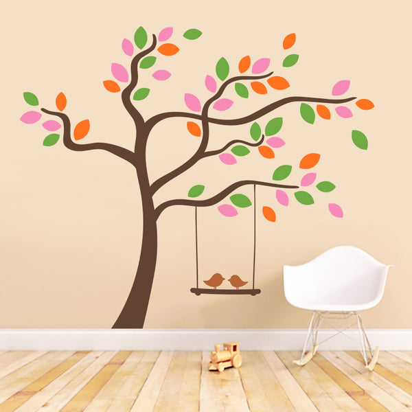 Colourful Leaves Tree with Cute Birds - Wall Decals Stickers - Wall-Decals - Decall.ca