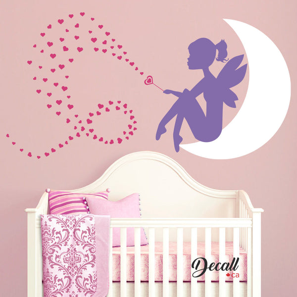 Fairy Little Girl on the Moon with Heart Wand - Baby Nursery Wall Decal