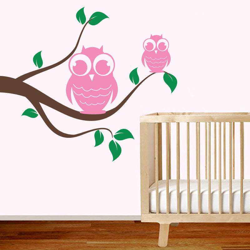 Owls On Swirly Branch - Nursery - Wall Decals Stickers - Wall-Decals - Decall.ca