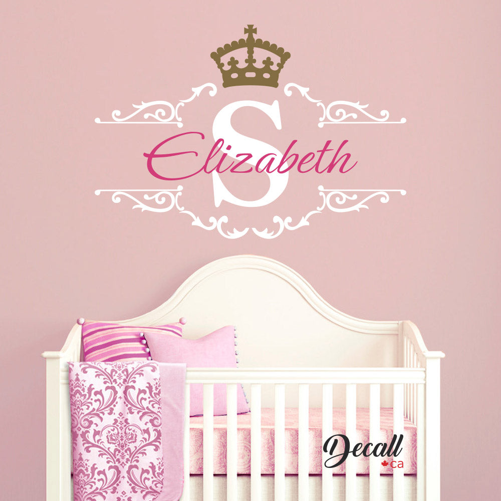 Princess Tiara Crown Vinyl Sticker Baby Girl Name Decal Nursery Personalized Wall Decal