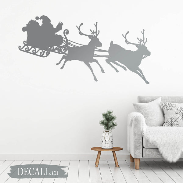 Santa Claus Sleigh Flying by Reindeers Silhouette Wall Decal D125