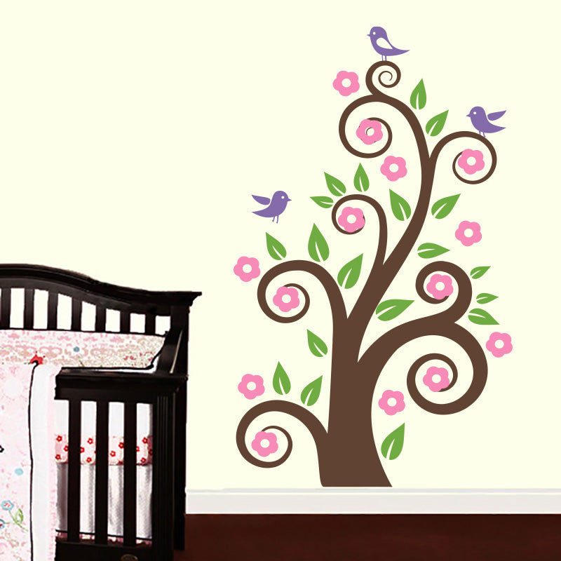 Spring Swirly Branch With Cute Birds - Wall Decals Stickers - Wall-Decals - Decall.ca