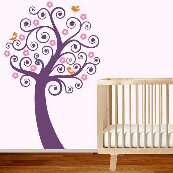 Swirly Tree with Flowers and Cute Birds - Wall Decals - Wall-Decals - Decall.ca