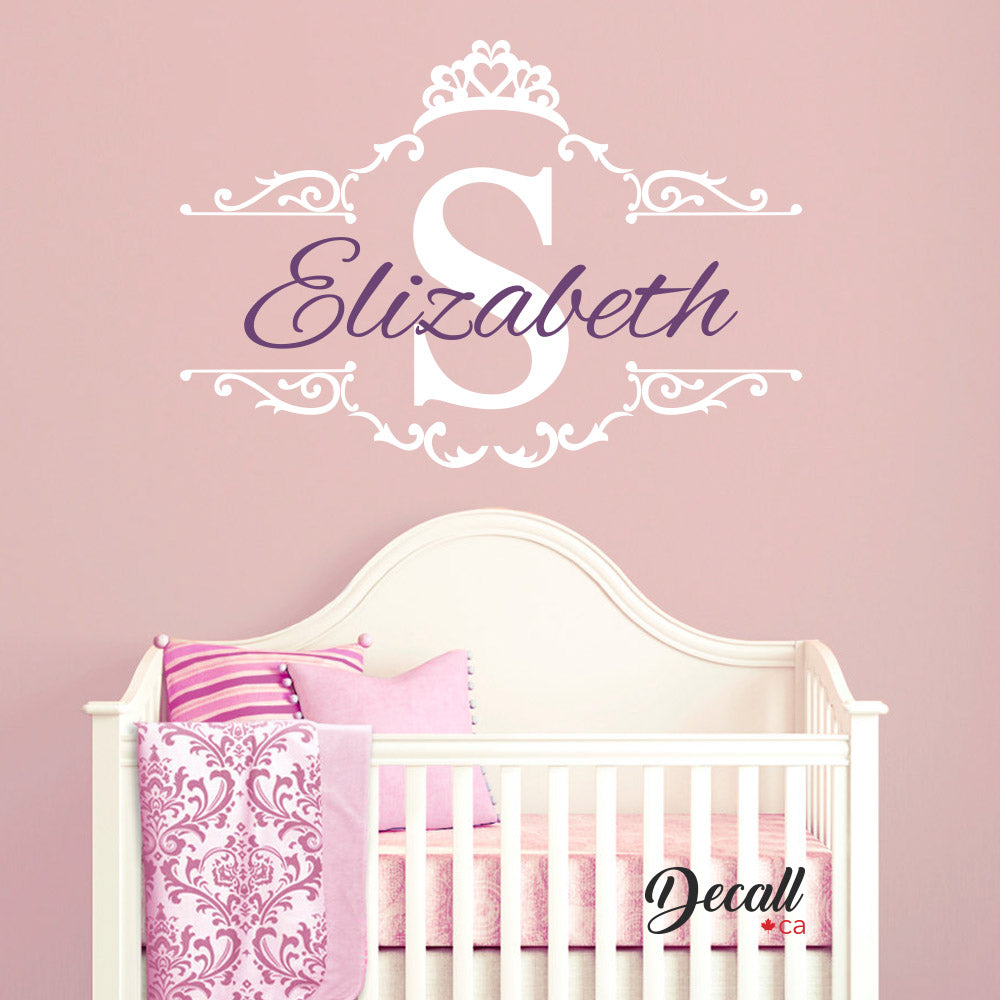 Princess Tiara Crown Vinyl Sticker Baby Girl Name Decal Girls Nursery Personalized Wall Decal