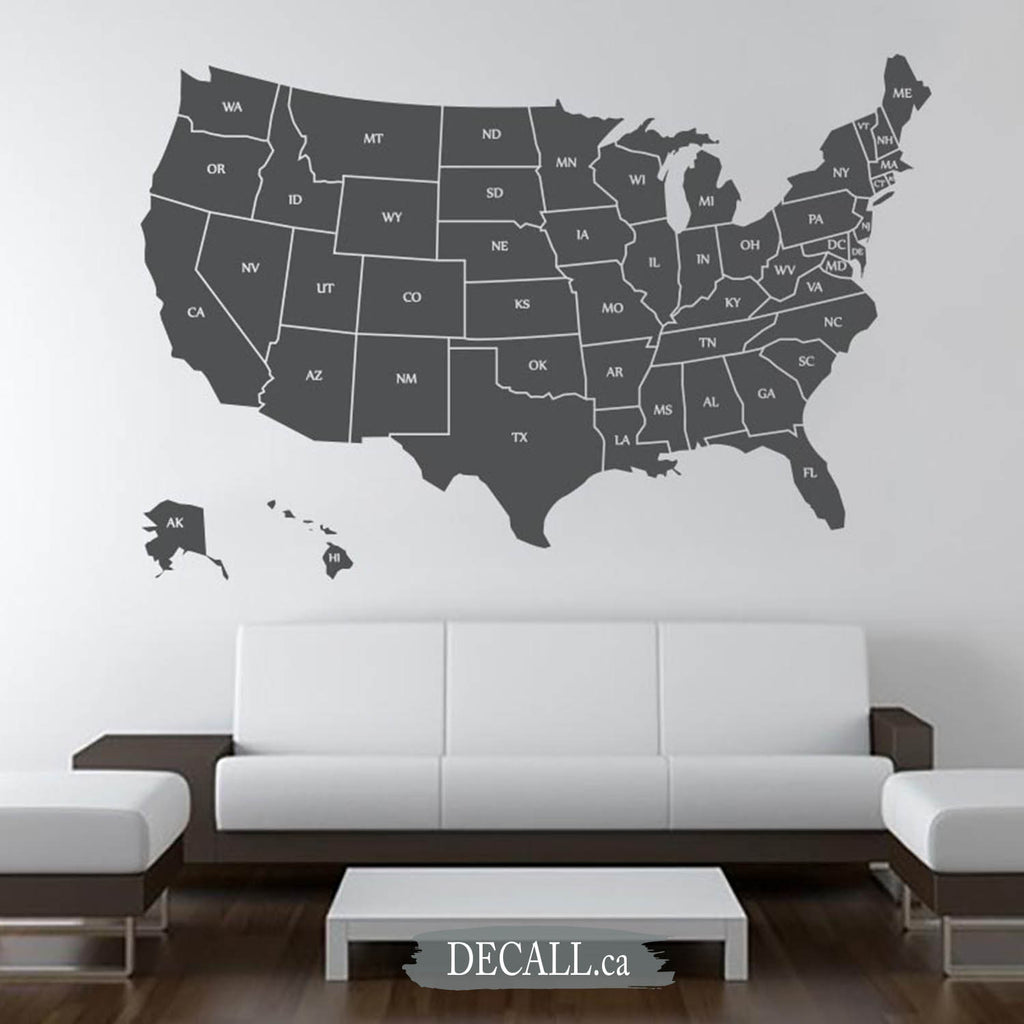 United States Map with Names of States - Map of USA showing State Abbreviations - Map Wall Decal D094
